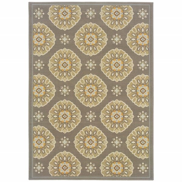 Homeroots 9 x 13 ft. Grey Gold Floral Medallion Discs Indoor & Outdoor Area Rug 384204 - main